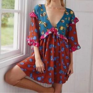 Anthropologie Floral V-Neck Dress with Ruffle Trim preloved